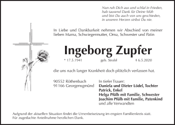 Traueranzeige von Ingeborg Zupfer von Pegnitz-Zeitung
