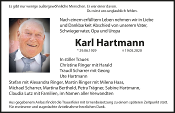 Traueranzeige von Karl Hartmann von Hersbrucker Zeitung