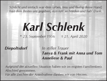 Traueranzeige von Karl Schlenk von Pegnitz-Zeitung