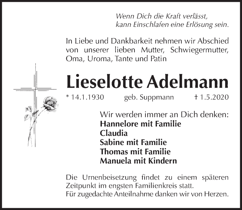  Traueranzeige für Lieselotte Adelmann vom 09.05.2020 aus Pegnitz-Zeitung
