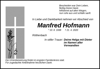 Traueranzeige von Manfred Hofmann von Pegnitz-Zeitung