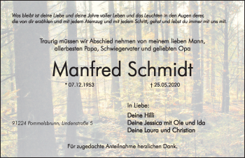 Traueranzeige von Manfred Schmidt von Hersbrucker Zeitung