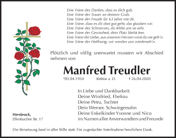 Traueranzeige von Manfred Treudler von Hersbrucker Zeitung