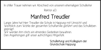Traueranzeige von Manfred Treudler von Hersbrucker Zeitung