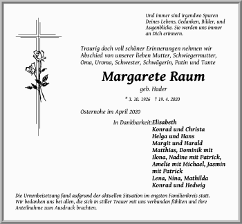 Traueranzeige von Margarete Raum von Pegnitz-Zeitung