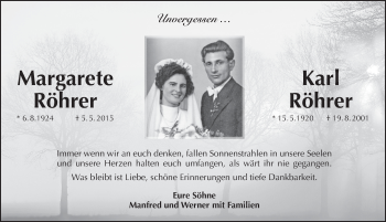 Traueranzeige von Margarete und Karl Röhrer von Pegnitz-Zeitung