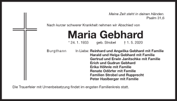Traueranzeige von Maria Gebhard von Der Bote