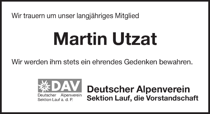  Traueranzeige für Martin Utzat vom 02.04.2020 aus Pegnitz-Zeitung