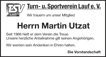 Traueranzeige von Martin Utzat von Pegnitz-Zeitung