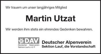 Traueranzeige von Martin Utzat von Pegnitz-Zeitung