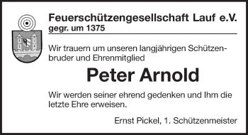 Traueranzeige von Peter Arnold von Pegnitz-Zeitung