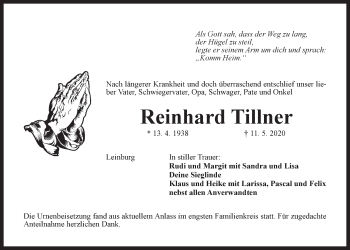 Traueranzeige von Reinhard Tillner von Der Bote