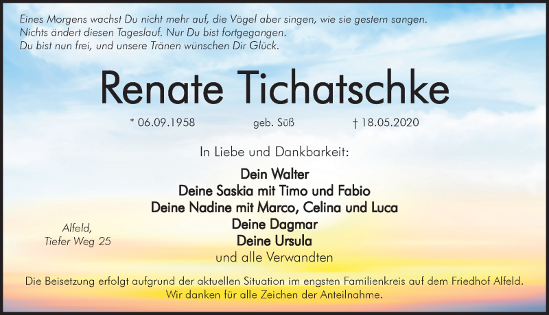  Traueranzeige für Renate Tichatschke vom 23.05.2020 aus Hersbrucker Zeitung