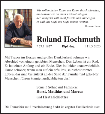 Traueranzeige von Roland Hochmuth von Pegnitz-Zeitung