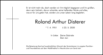 Traueranzeige von Roland Arthur Disterer von Pegnitz-Zeitung