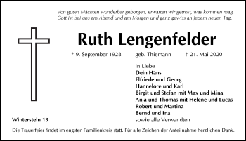 Traueranzeige von Ruth Lengenfelder von Pegnitz-Zeitung