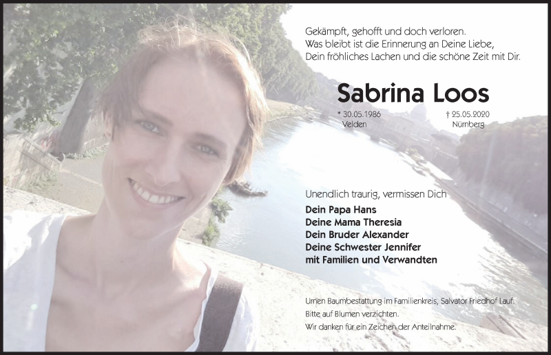  Traueranzeige für Sabrina Loos vom 30.05.2020 aus Hersbrucker Zeitung