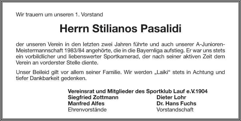  Traueranzeige für Stilianos Pasalidi vom 19.05.2020 aus Pegnitz-Zeitung