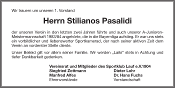 Traueranzeige von Stilianos Pasalidi von Pegnitz-Zeitung