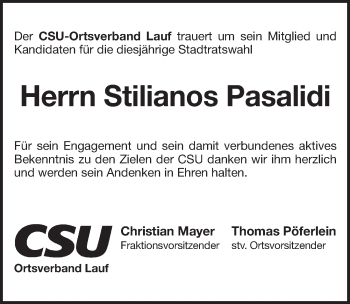Traueranzeige von Stilianos Pasalidi von Pegnitz-Zeitung