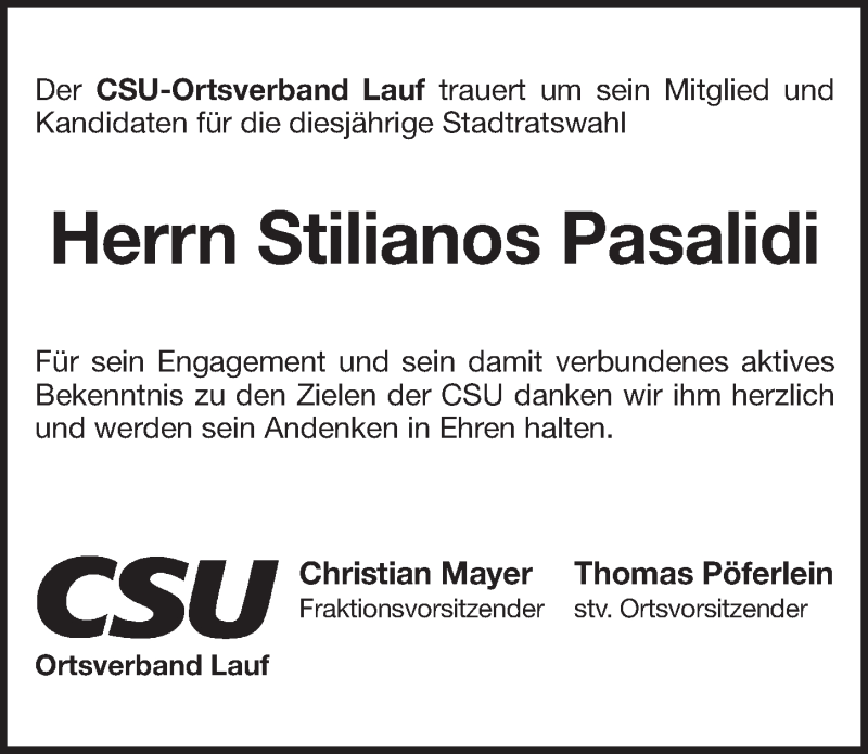  Traueranzeige für Stilianos Pasalidi vom 19.05.2020 aus Pegnitz-Zeitung