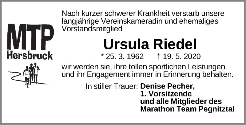  Traueranzeige für Ursula Riedel vom 30.05.2020 aus Hersbrucker Zeitung
