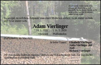 Traueranzeige von Adam Vierlinger von Hersbrucker Zeitung