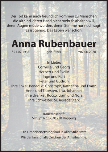 Traueranzeige von Anna Rubenbauer von Hersbrucker Zeitung