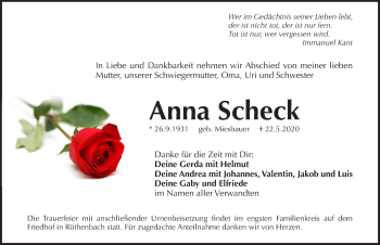 Traueranzeige von Anna Scheck von Pegnitz-Zeitung