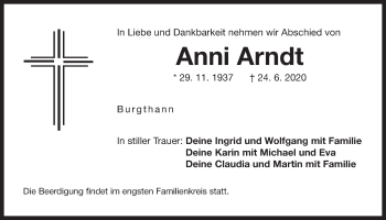 Traueranzeige von Anni Arndt von Der Bote