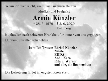 Traueranzeige von Armin Künzler von Pegnitz-Zeitung