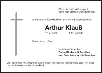 Traueranzeige von Arthur Klauß von Der Bote