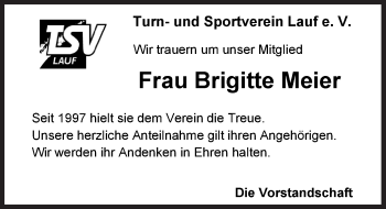 Traueranzeige von Brigitte Meier von Pegnitz-Zeitung