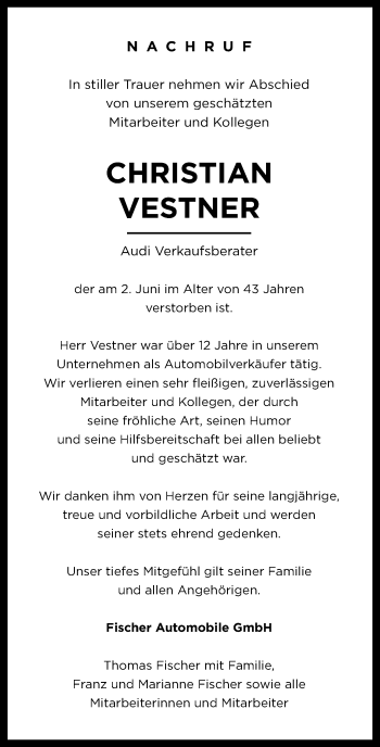 Traueranzeige von Christian Vestner von Der Bote