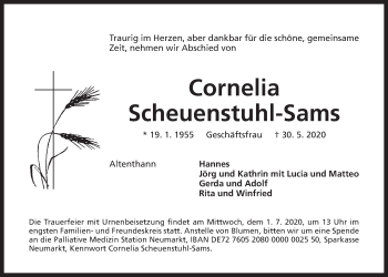 Traueranzeige von Cornelia Scheuenstuhl-Sams von Der Bote