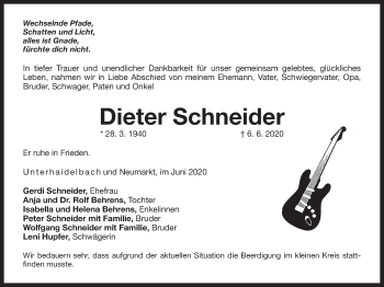 Traueranzeige von Dieter Schneider von Der Bote