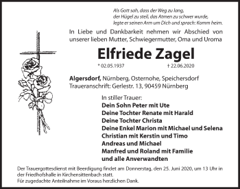Traueranzeige von Elfriede Zagel von Hersbrucker Zeitung