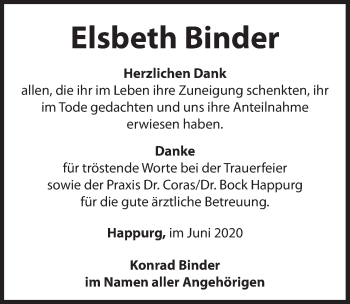Traueranzeige von Elsbeth Binder von Hersbrucker Zeitung