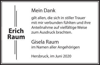 Traueranzeige von Erich Raum von Hersbrucker Zeitung