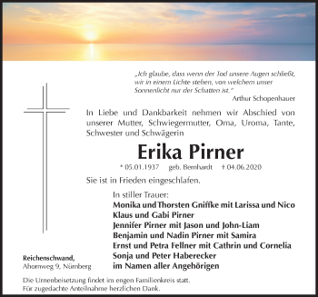 Traueranzeige von Erika Pirner von Hersbrucker Zeitung