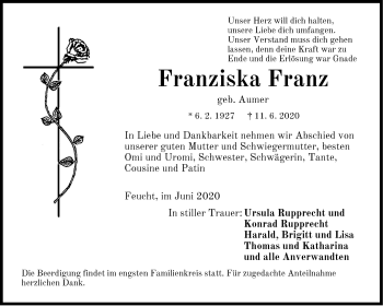 Traueranzeige von Franziska Franz von Der Bote