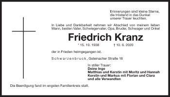 Traueranzeige von Friedrich Kranz von Der Bote