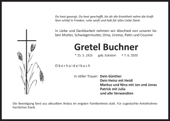 Traueranzeige von Gretel Buchner von Der Bote