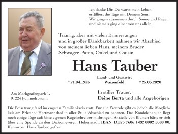 Traueranzeige von Hans Tauber von Hersbrucker Zeitung