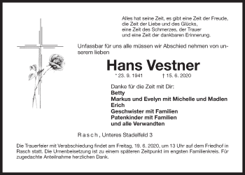 Traueranzeige von Hans Vestner von Der Bote