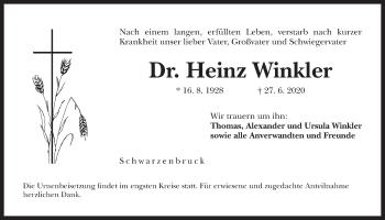 Traueranzeige von Heinz Winkler von Der Bote