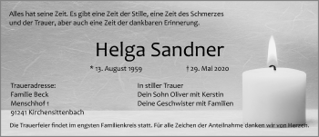 Traueranzeige von Helga Sandner von Hersbrucker Zeitung