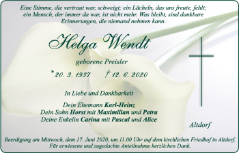 Traueranzeige von Helga Wendt von Der Bote