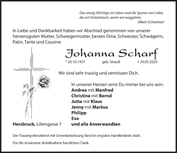 Traueranzeige von Johanna Scharf von Hersbrucker Zeitung
