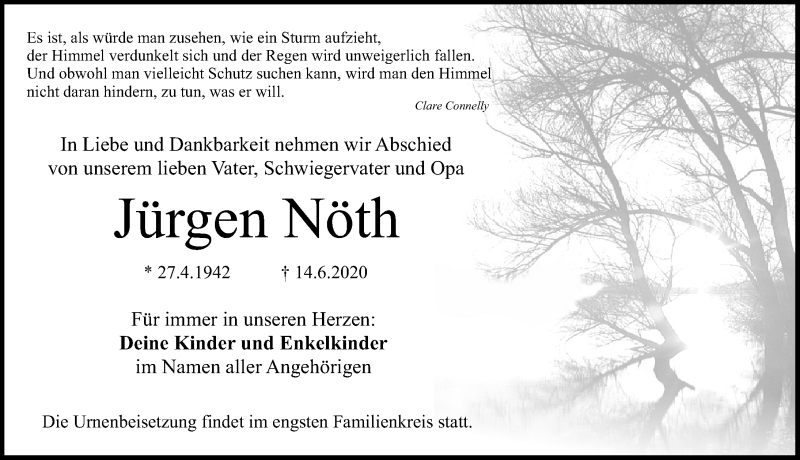  Traueranzeige für Jürgen Nöth vom 20.06.2020 aus Pegnitz-Zeitung